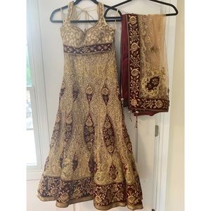3-piece stunning red and cream lehnga/ghagra-choli